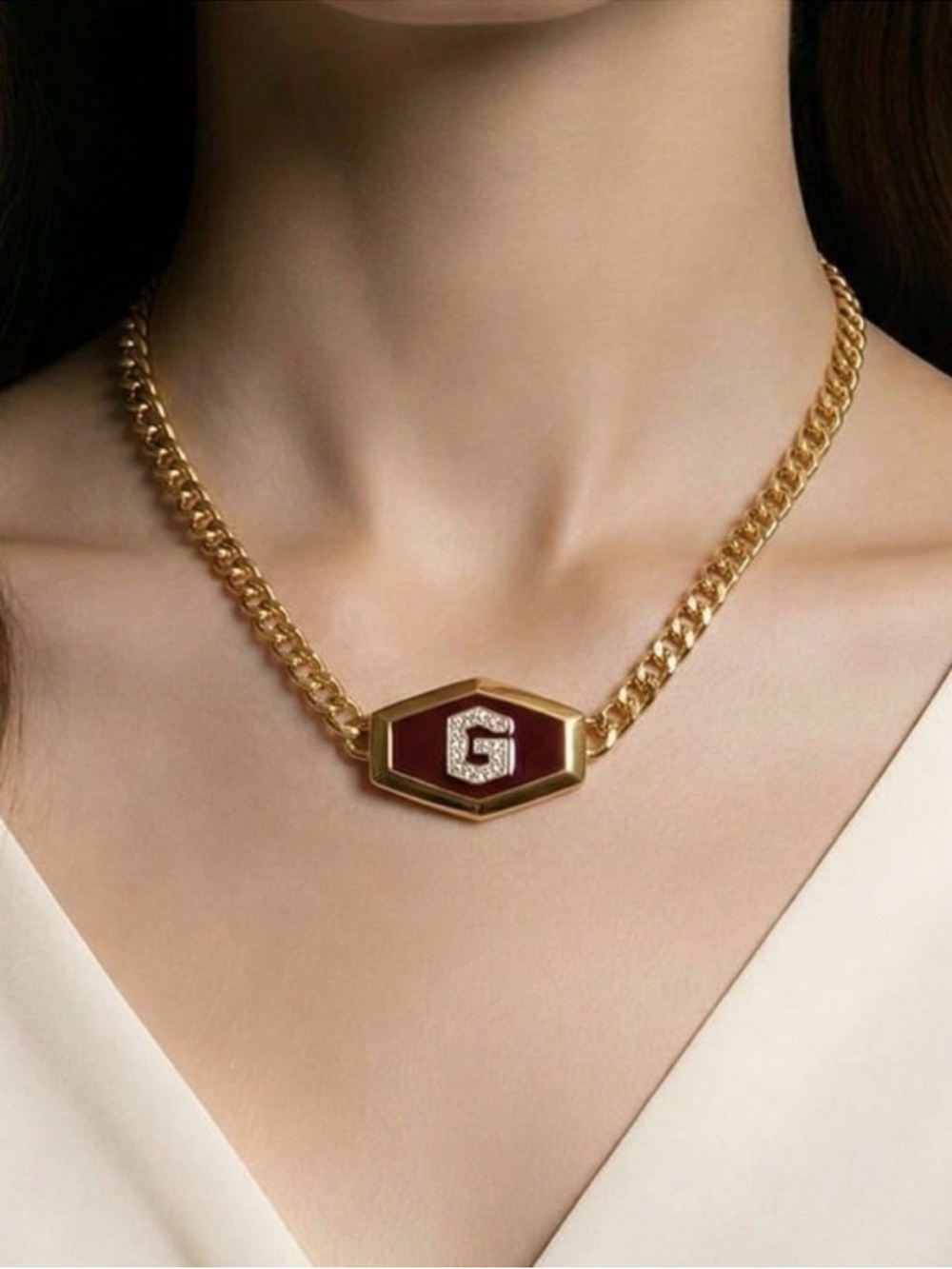 GIVENCHY Vintage 70s Curb Chain Enamel & Crystal Logo G Gold Burgundy RARE 1979